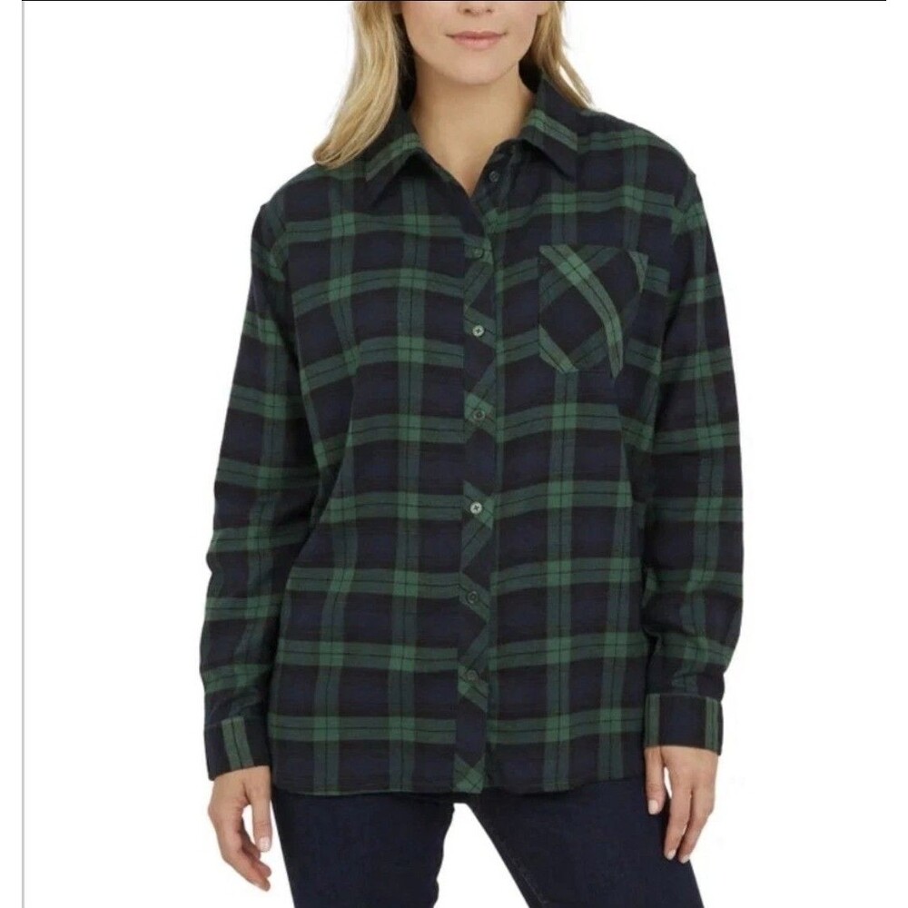 Land's End Women's Flannel Shirt Button Down  Green Blue Large NWT C5